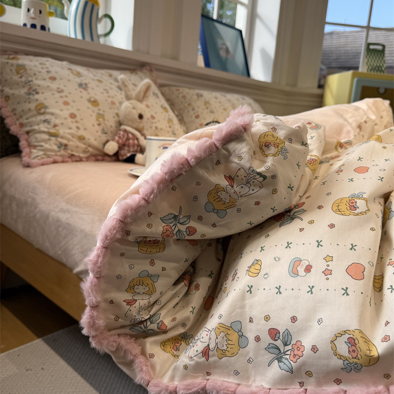 ins卡通A版纯棉B版宝宝绒少女毛球边棉加绒甜心女孩四件套1.5m1.8