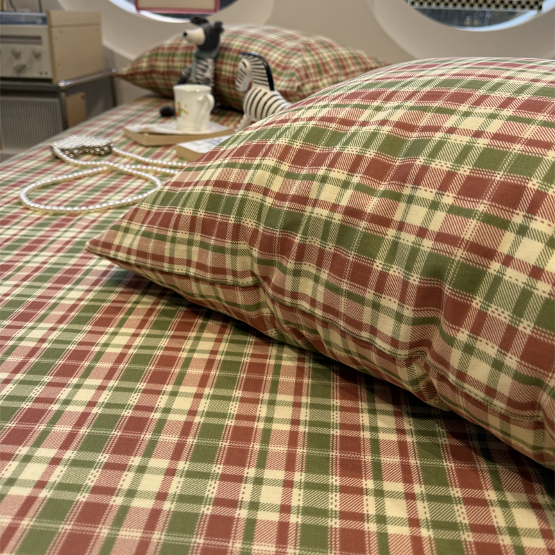 简约红绿格子双层纱床笠床单单件