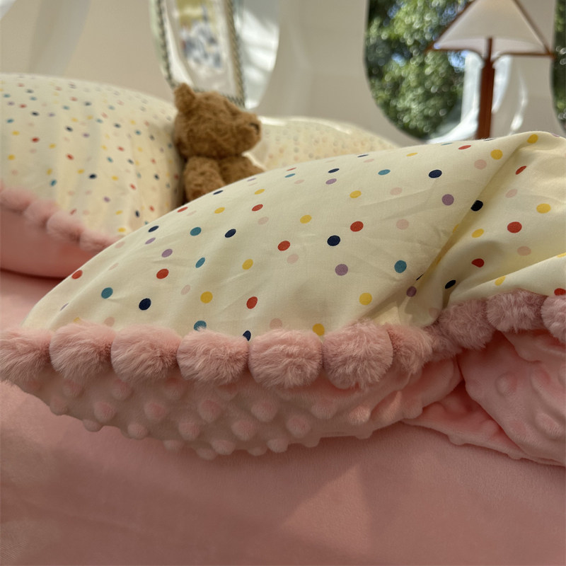 少女彩色波点棉加豆豆绒四件套