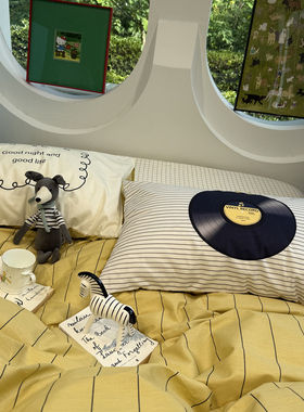 ins少女心黄色条纹床上四件套全棉纯棉1.5m1.8米大学生宿舍三件套