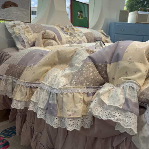 甜美花边碎花拼图紫床裙四件套