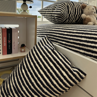 北欧纯棉秋冬黑条纹磨毛床笠床单