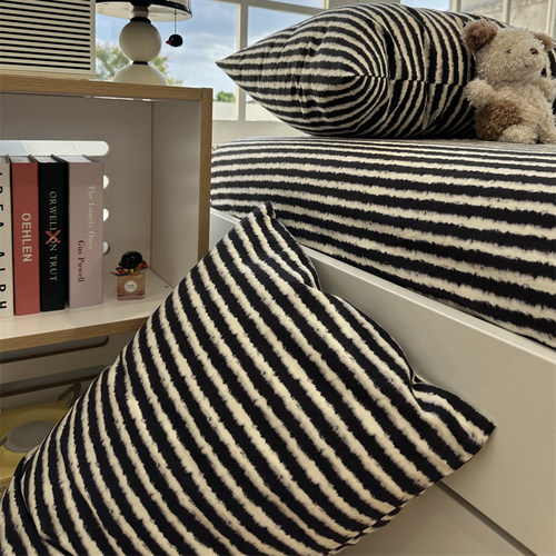北欧纯棉秋冬黑条纹磨毛床笠床单