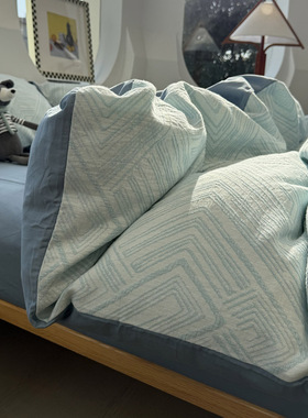 ins北欧色织水洗棉提花条纹蓝色床上四件套1.5m1.8米民宿全棉纯棉