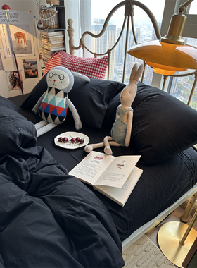 ins黑色色织水洗棉床单被套床上四件套全棉1.5m1.8被套床单三件套