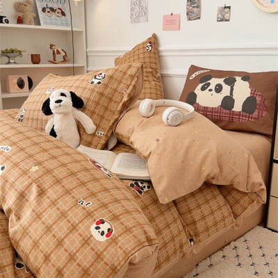美式萌萌咖格熊猫床上四件套全棉