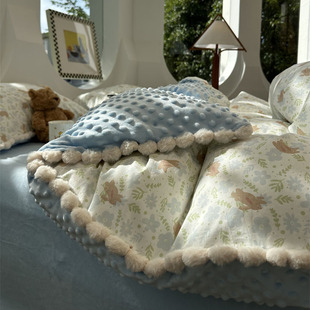 法式 复古蓝色少女田园花朵小兔棉加豆豆绒四件套1.5m1.8米三件套