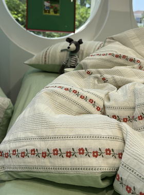 水洗棉提花红色碎花条纹床上四件套全棉1.5m1.8米公寓被套三件套