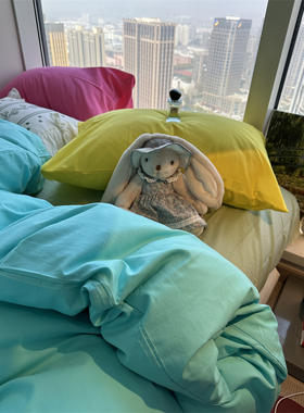 ins水洗棉混搭奶fufu~蓝色床上四件套全棉1.5m1.8被套床单三件套