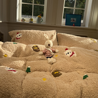 秋冬羊羔绒刺绣圣诞萌萌狗四件套