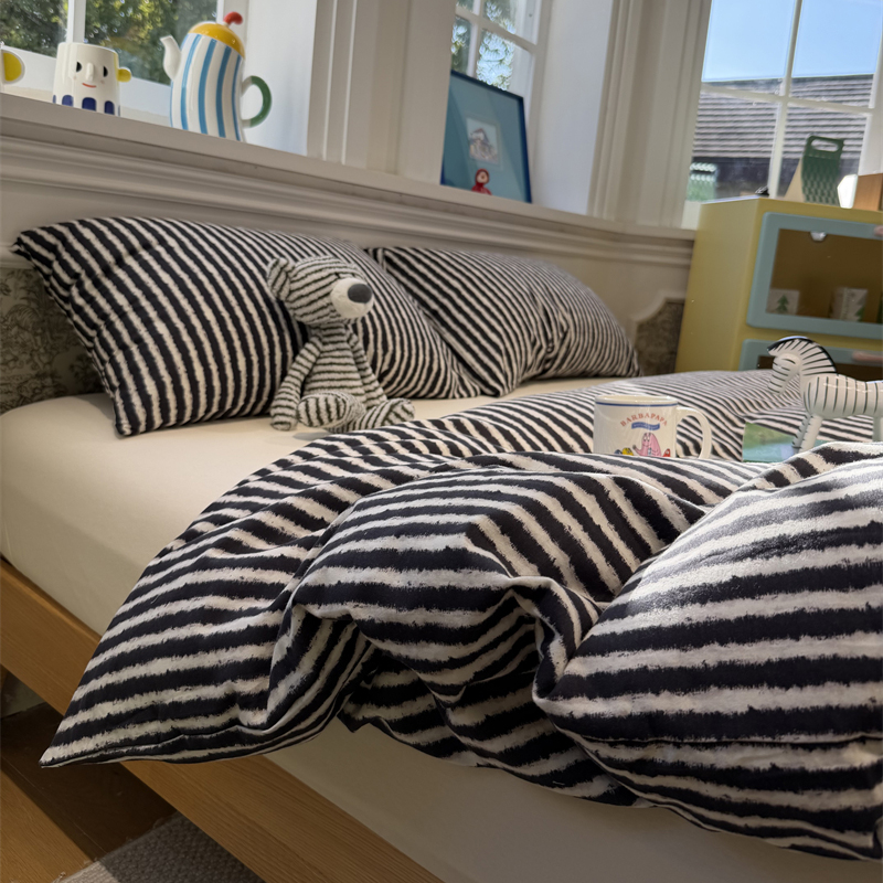 复古黑白条纹纯棉磨毛被套单件