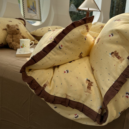 A类卡通少女心皱皱花边双层纱可爱奶萌狗狗纯棉四件套1.5m1.8米三