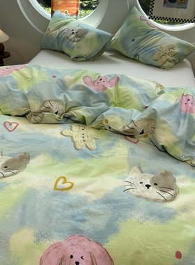 小清新蜡笔画小猫小兔纯棉被套被罩单件单双人全棉宿舍180x220cm