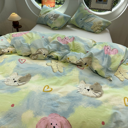小清新蜡笔画小猫小兔纯棉被套被罩单件单双人全棉宿舍180x220cm