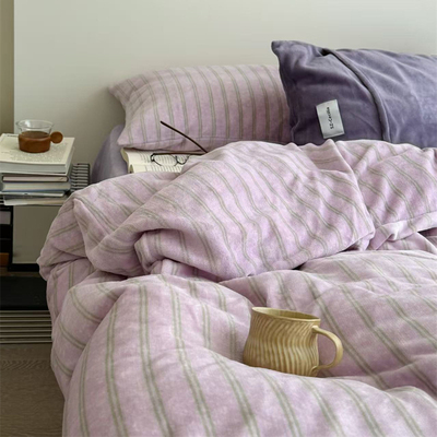 少女心简约条纹混搭床上四件套