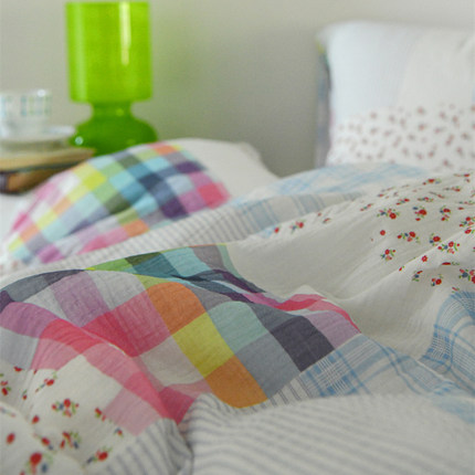 A类母婴级少女心彩色格子碎花皱皱双层纱纯棉四件套1.5m1.8米全棉