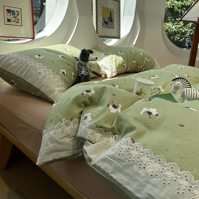 母婴级卡通小狗双层纱纯棉四件套