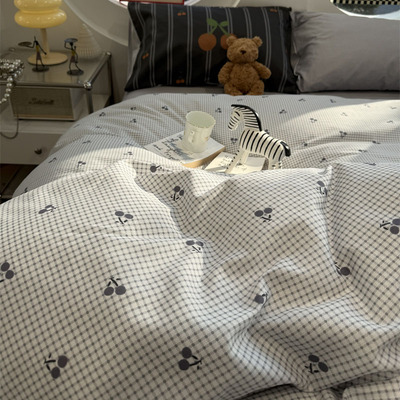 ins韩系少女樱桃灰格床上四件套