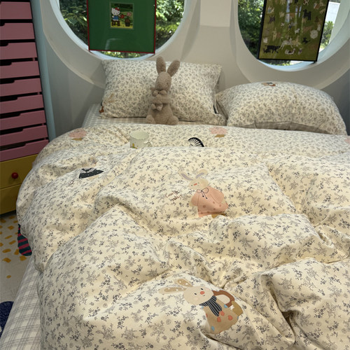 ins卡通黑色碎花小兔床上四件套