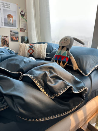 A类100s高支长绒棉丝滑梦幻蓝床上用品四件套全棉纯棉1.5m1.8米