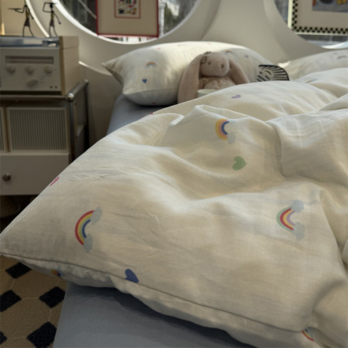 少女心双层纱彩虹爱心纯棉四件套