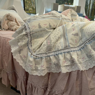 ins法式 少女心田园花边纯棉森林小兔床裙四件套全棉1.5m1.8米被套