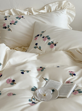 100S贡缎长绒棉毛巾绣温柔花川白色四件套1.5m1.8米纯棉全棉被套