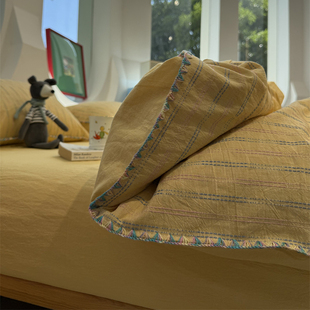 少女心水洗棉提花彩边条纹黄四件套全棉1.5m1.8米学生宿舍三件套