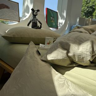 60s浮雕磨毛提花秋冬纯棉青草绿叶子四件套全棉纯棉1.5m1.8米保暖