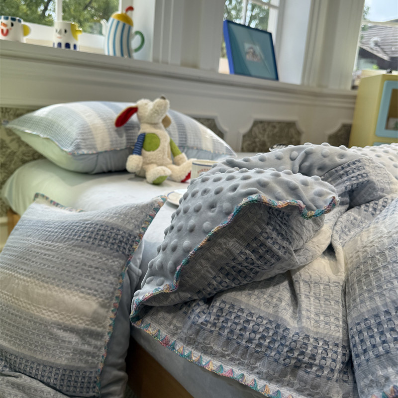 ins北欧简约冬季华夫格加豆豆绒蓝四件套珊瑚绒1.5m1.8米加厚保暖