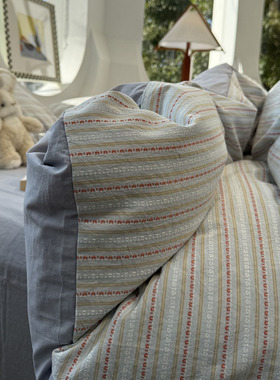 水洗棉提花简约条纹蓝色床上四件套全棉1.5m1.8米公寓被套三件