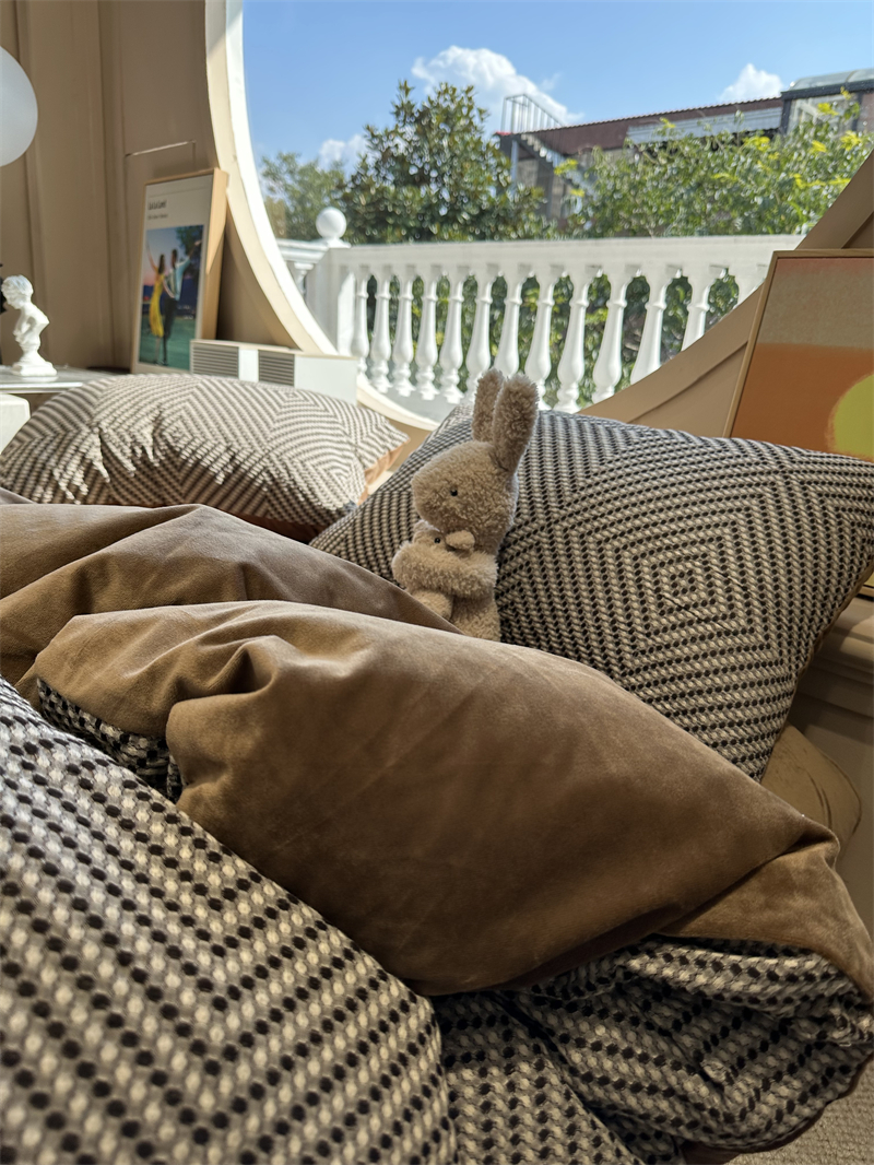 菱格华夫格驼咖色加绒四件套纯棉