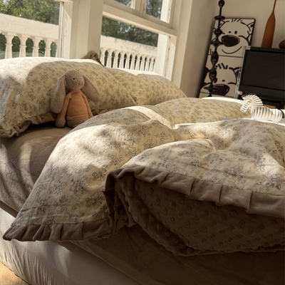 双层纱加豆豆绒复古碎花咖四件套