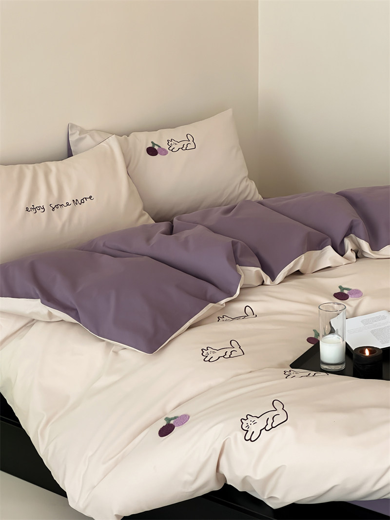 100s高支磨毛刺绣葡萄猫咪四件套