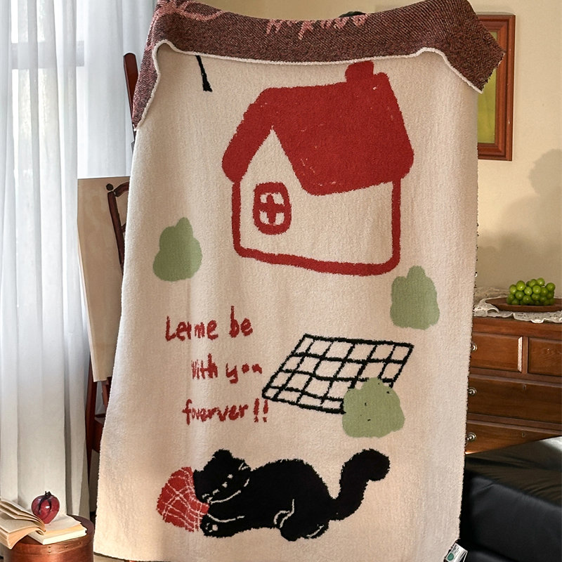卡通房子猫咪多功能针织半边毯毛毯午休毯盖毯加厚珊瑚绒毯卧室
