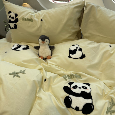 长绒棉磨毛毛巾绣卡通熊猫四件套