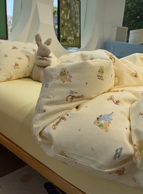 insA类卡通维尼家族黄色双层纱纯棉四件套1.5m1.8米全棉床单被套