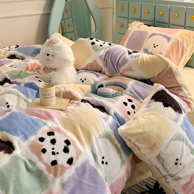 清新少女心方块小狗牛奶绒四件套