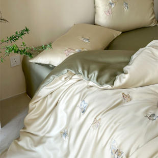 小清新60支天丝蝴蝶绣花绿色莱赛尔纤维四件套1.5m1.8米床单被套