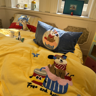 ins卡通秋冬牛奶绒毛巾绣可爱蛋糕小狗床上四件套珊瑚绒1.5m1.8米