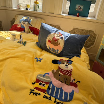 牛奶绒毛巾绣可爱蛋糕小狗四件套