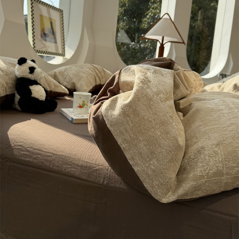 北欧卡其色简约提花水洗棉四件套