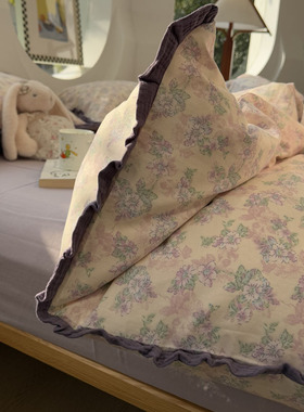 A类田园少女心皱皱花边双层纱紫色小碎花全纯棉四件套1.5m1.8米三