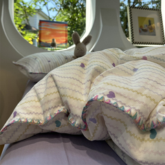 A类母婴级紫色爱心条纹双层纱纯棉四件套1.5m1.8少女全棉床单被套