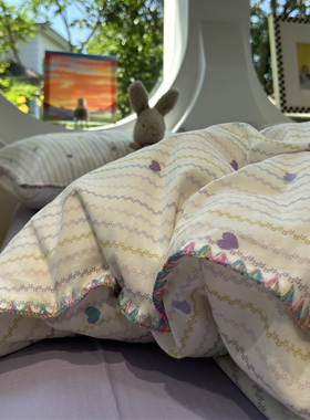 A类母婴级紫色爱心条纹双层纱纯棉四件套1.5m1.8少女全棉床单被套