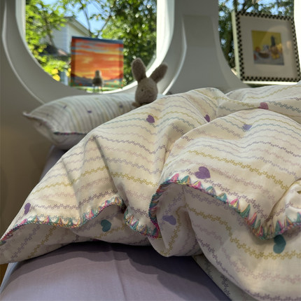 A类母婴级紫色爱心条纹双层纱纯棉四件套1.5m1.8少女全棉床单被套