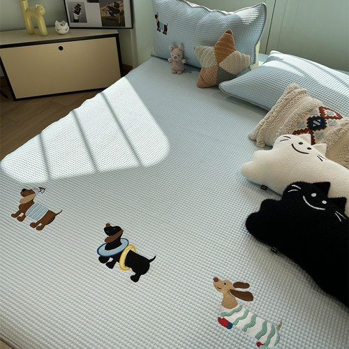 卡通华夫格凉席刺绣空调席床笠款