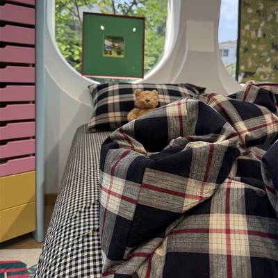 水洗棉简约黑格四件套全棉