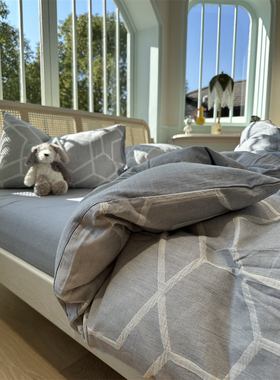 北欧极简风色织水洗棉提花蓝色纯棉四件套1.5m1.8床单被套公寓男