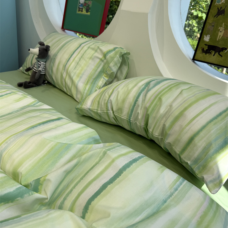少女宁夏绿条纹床上四件套全棉